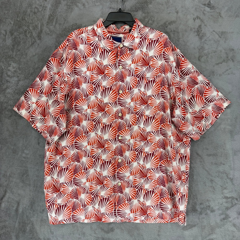 Tommy Bahama Shirt Mens XLT Red Orange Shell Fan Print 100% Silk Short Sleeve